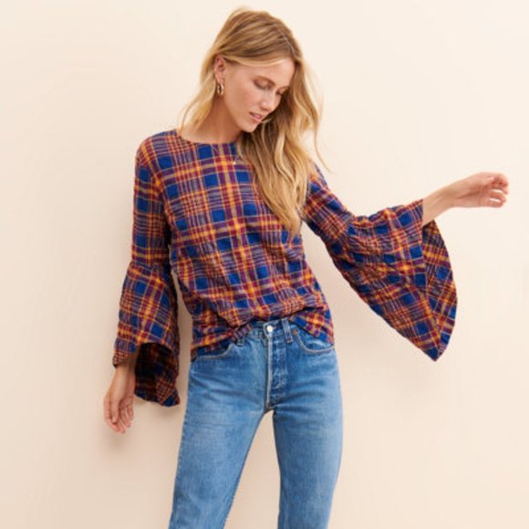 English Factory Tops - English Factory Womens Plaid Statement Sleeve Top